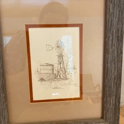 Set of three (3) barnwood framed "farmscape" landscape drawings