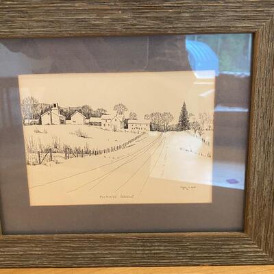 Set of three (3) barnwood framed "farmscape" landscape drawings