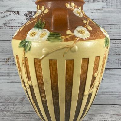 Vintage Beige Brown Roseville Pottery Cherry Blossom Floor Vase Vessel Urn 628-15
