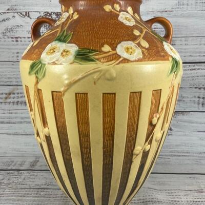 Vintage Beige Brown Roseville Pottery Cherry Blossom Floor Vase Vessel Urn 628-15