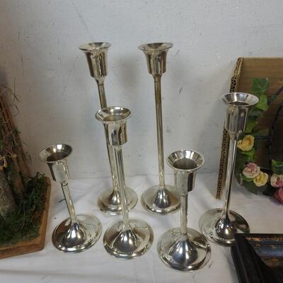 9 pc Decor, Silver plated Candle Holders, Floral Decor, Mirror