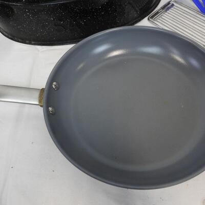 Kitchen Lot: Cast Iron Casserole Dish, Pans, Serving Trays, Utensils, 4 Knifes