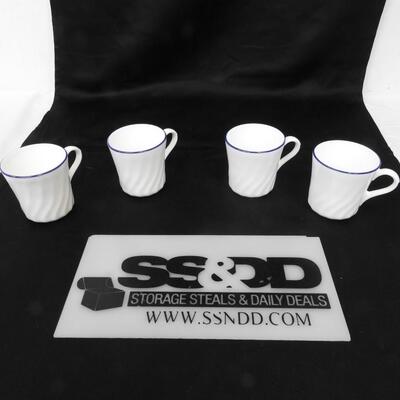 4 Corning White Mugs, Blue Decorative Trim on the Top