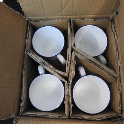 4 Corning White Mugs, Blue Decorative Trim on the Top