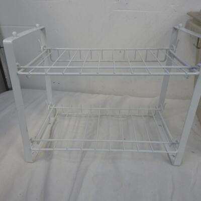 Home Organization Lot: Metal Rack with Hooks, Gray Bin, 4 Compartment Shelfs