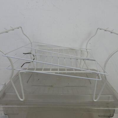 Home Organization Lot: Metal Rack with Hooks, Gray Bin, 4 Compartment Shelfs