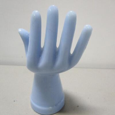 Blue Glass Hand Jewelry Display Ring Holder Hollow Base 7 3/4" Tall