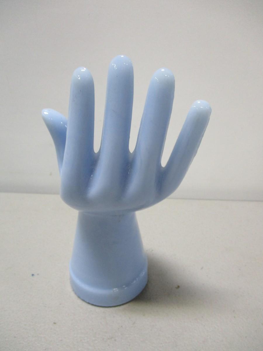 Blue Glass Hand Jewelry Display Ring Holder Hollow Base 7 3/4 Tall