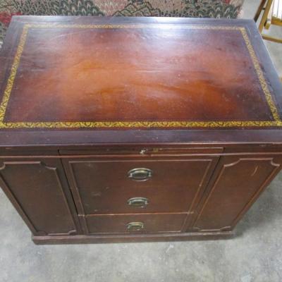 3 Drawer  Lawyer Writing Office Desk With Shelving On The Side 2 Of 2 -  Desk has leather top with gold embossing