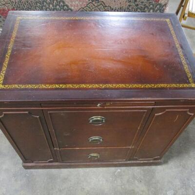 3 Drawer  Lawyer Writing Office Desk With Shelving On The Side 2 Of 2 -  Desk has leather top with gold embossing