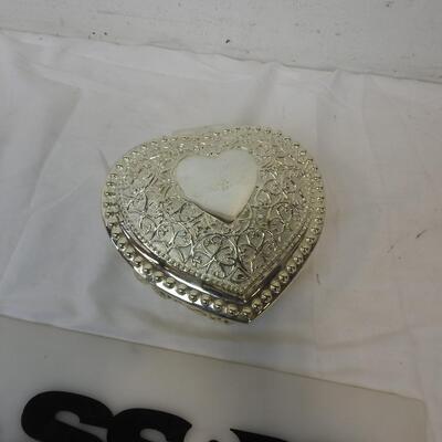 Silver Colored Jewlery Box, Blue Velvet Interior, Small Mirror on front.