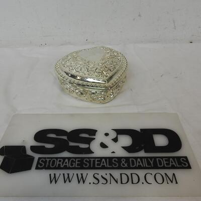 Silver Colored Jewlery Box, Blue Velvet Interior, Small Mirror on front.