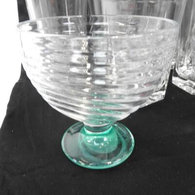 15" Glass Floral Plate, 4 Colored Glasses, 5 Tall Square Glasses, 6 Small Glass