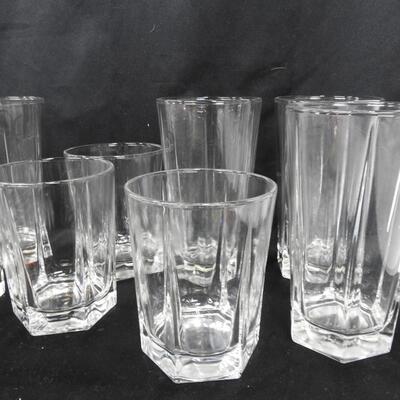 15" Glass Floral Plate, 4 Colored Glasses, 5 Tall Square Glasses, 6 Small Glass