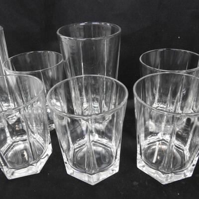 15" Glass Floral Plate, 4 Colored Glasses, 5 Tall Square Glasses, 6 Small Glass