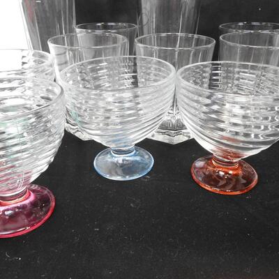 15" Glass Floral Plate, 4 Colored Glasses, 5 Tall Square Glasses, 6 Small Glass