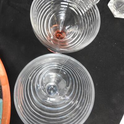 15" Glass Floral Plate, 4 Colored Glasses, 5 Tall Square Glasses, 6 Small Glass