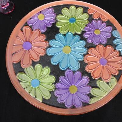 15" Glass Floral Plate, 4 Colored Glasses, 5 Tall Square Glasses, 6 Small Glass