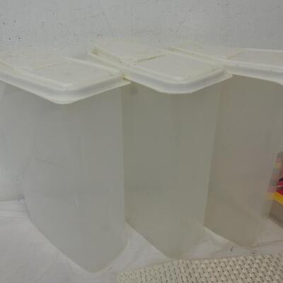 3 Cereal or Other Food Containers, Striped Recipe or Card Holder, Plastic Bin