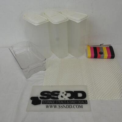3 Cereal or Other Food Containers, Striped Recipe or Card Holder, Plastic Bin