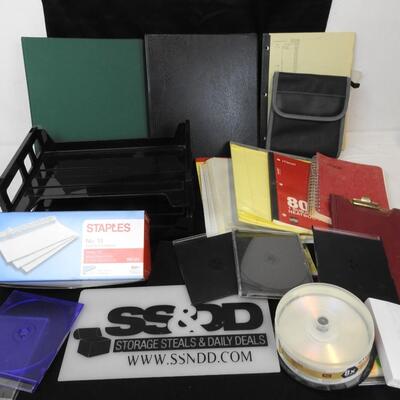 Office Supplies: BInders, Notebooks, Empty DVD-Rs, Envelopes, Paper Trays