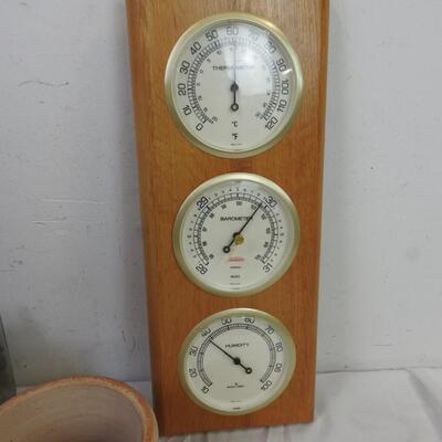 7 pc Home Decor, Thermometer/Barometer, Stoneware (Terra Cotta?) Container