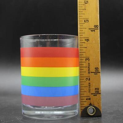 Set of 4 D.O.F. Drink Glasses Outerware Rainbow Striped Tumbler Rocks Glass 12 oz