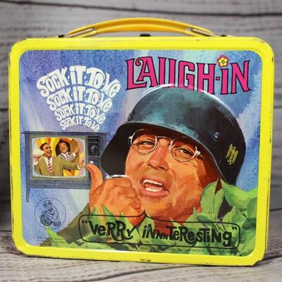 Vintage Rowan & Martin's Laugh In Metal Sock It To Me Lunchbox and Trash Can