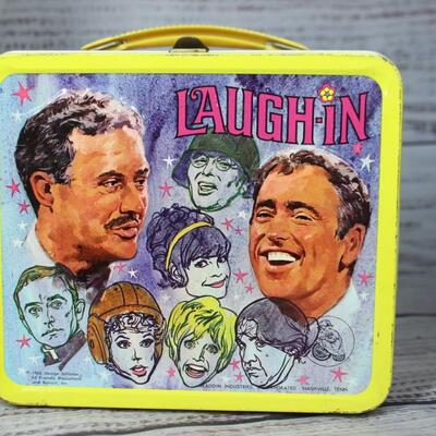 Vintage Rowan & Martin's Laugh In Metal Sock It To Me Lunchbox and Trash Can