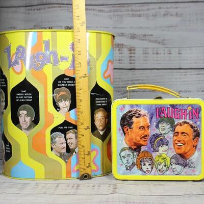 Vintage Rowan & Martin's Laugh In Metal Sock It To Me Lunchbox and Trash Can
