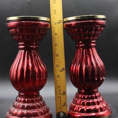 Pair of Red Mercury Glass Pillar Style Candle Holders