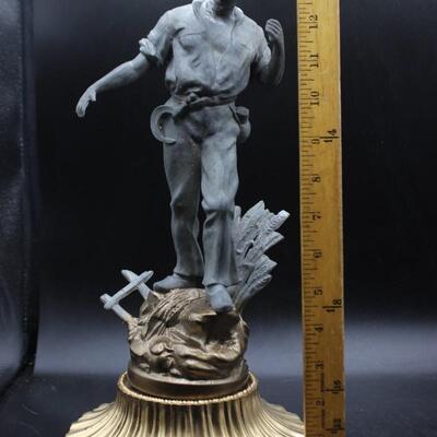 Vintage Spelter Metal Statue of Man Farmer on Painted Base