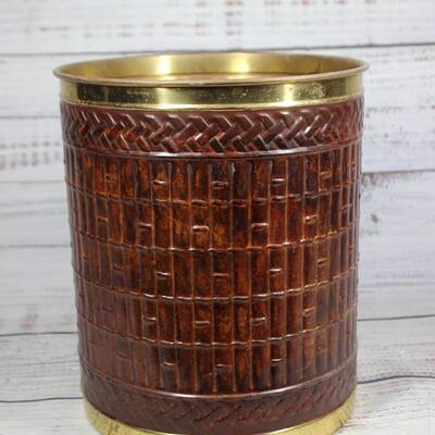 Vintage Shiny Brass and Faux Basket Woven Trash Can