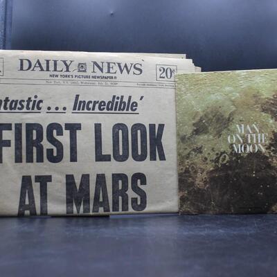 Vintage First Look at Mars Newspaper & Man on the Moon News Record Walter Cronkite