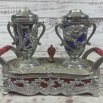 Vintage Silver Metal Music Box with Salt & Pepper Shakers Cobalt Glass Dragons