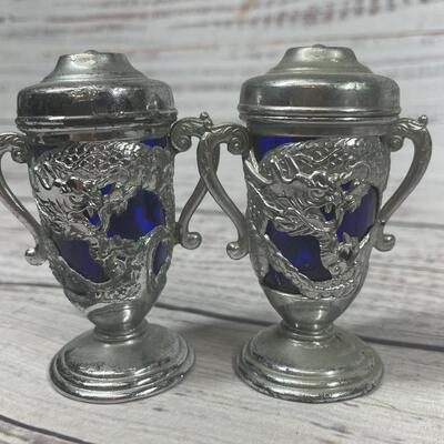 Vintage Silver Metal Music Box with Salt & Pepper Shakers Cobalt Glass Dragons