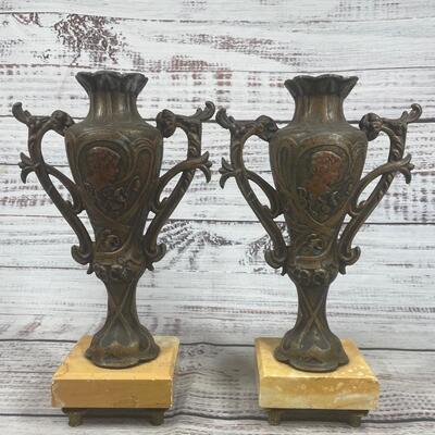Pair Of Antique Art Nouveau Painted Bronze Brass Flower Vases