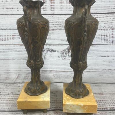 Pair Of Antique Art Nouveau Painted Bronze Brass Flower Vases