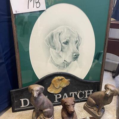 A178 Iron Dog Sign with Bookends, Pencil Holder, Signed Retriever Print