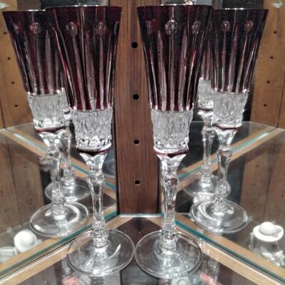 FABERGE Set of 2 XENIA Ruby Red Cut to Clear Crystal Champagne Flutes signed In presentation case