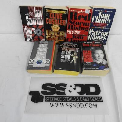 7 Paperback Mystery/Action Books: Tom Clancy, Clive Cussler, John Sandford