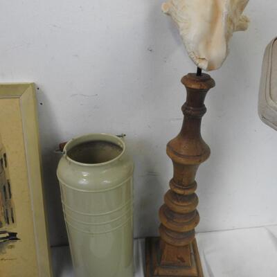 8 pc Home Decor: Silver Lamp, Framed Artwork, Twine Basket, Ceramic Container