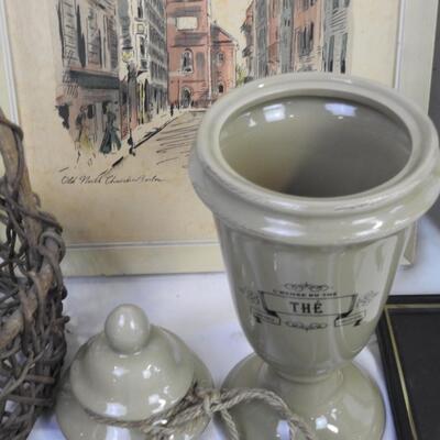 8 pc Home Decor: Silver Lamp, Framed Artwork, Twine Basket, Ceramic Container