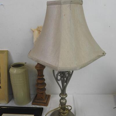 8 pc Home Decor: Silver Lamp, Framed Artwork, Twine Basket, Ceramic Container