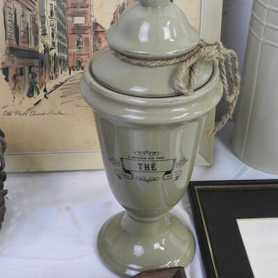 8 pc Home Decor: Silver Lamp, Framed Artwork, Twine Basket, Ceramic Container