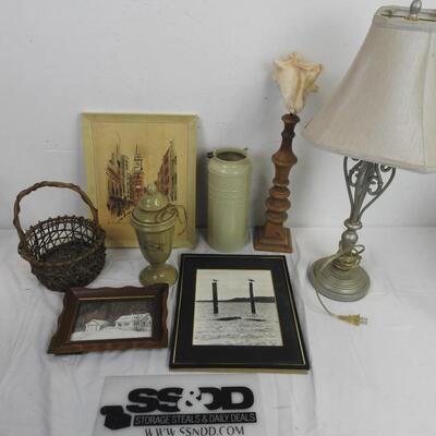 8 pc Home Decor: Silver Lamp, Framed Artwork, Twine Basket, Ceramic Container