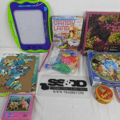 9 pc Puzzle and Games, Candy Land, Round Table Puzzle, Spot It, Magna Doodle