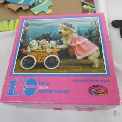 9 pc Puzzle and Games, Candy Land, Round Table Puzzle, Spot It, Magna Doodle