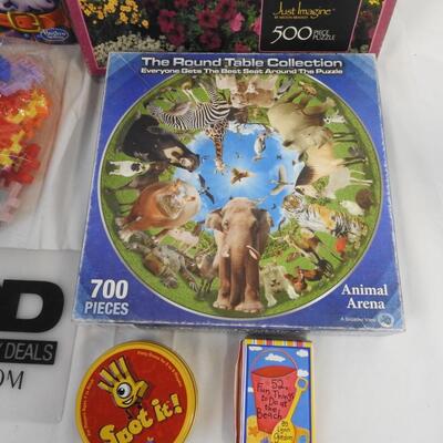 9 pc Puzzle and Games, Candy Land, Round Table Puzzle, Spot It, Magna Doodle