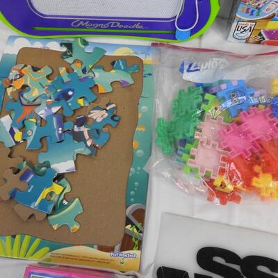 9 pc Puzzle and Games, Candy Land, Round Table Puzzle, Spot It, Magna Doodle